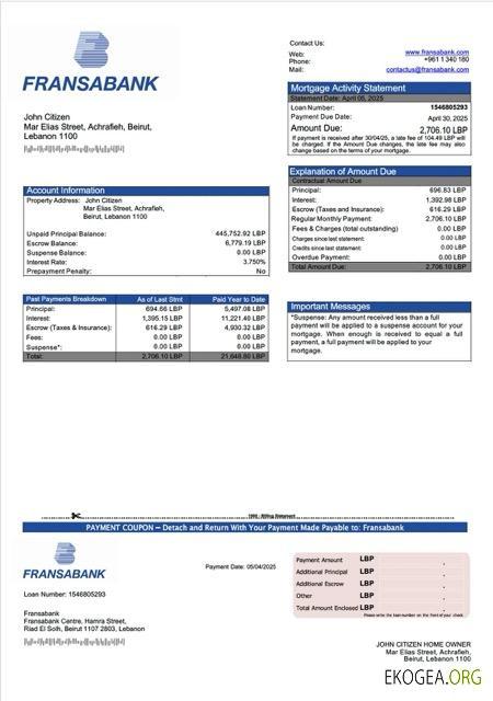 Modèle Word et PDF de relevé hypothécaire de la Fransabank du Liban